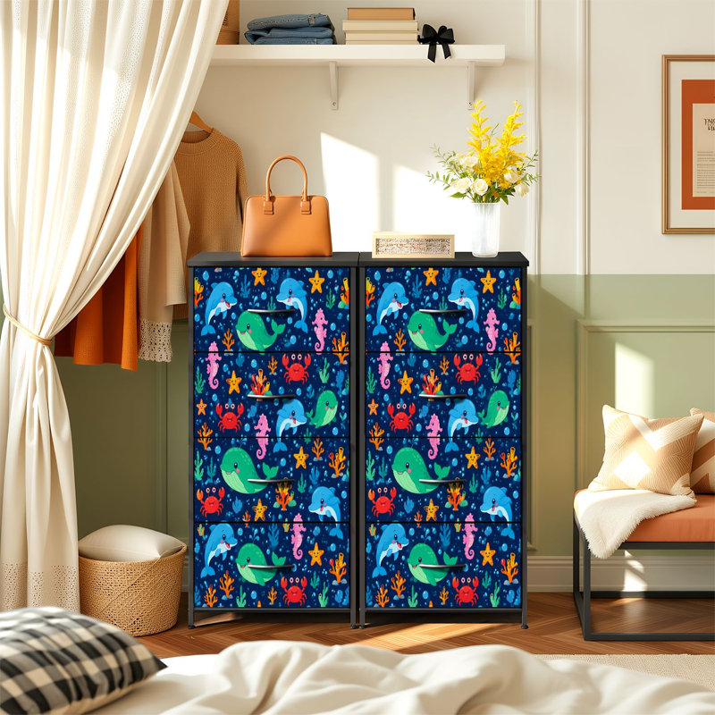 Commode de rangement verticale à 4 tiroirs avec tiroirs en tissu