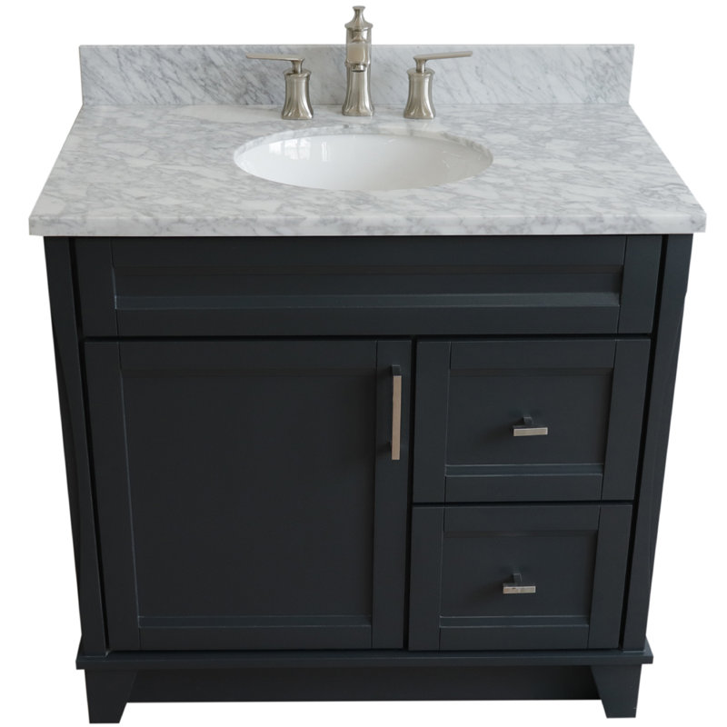 Amedea 37'' Single Bathroom Vanity with Top, Dark Gray, White Carrara Marble