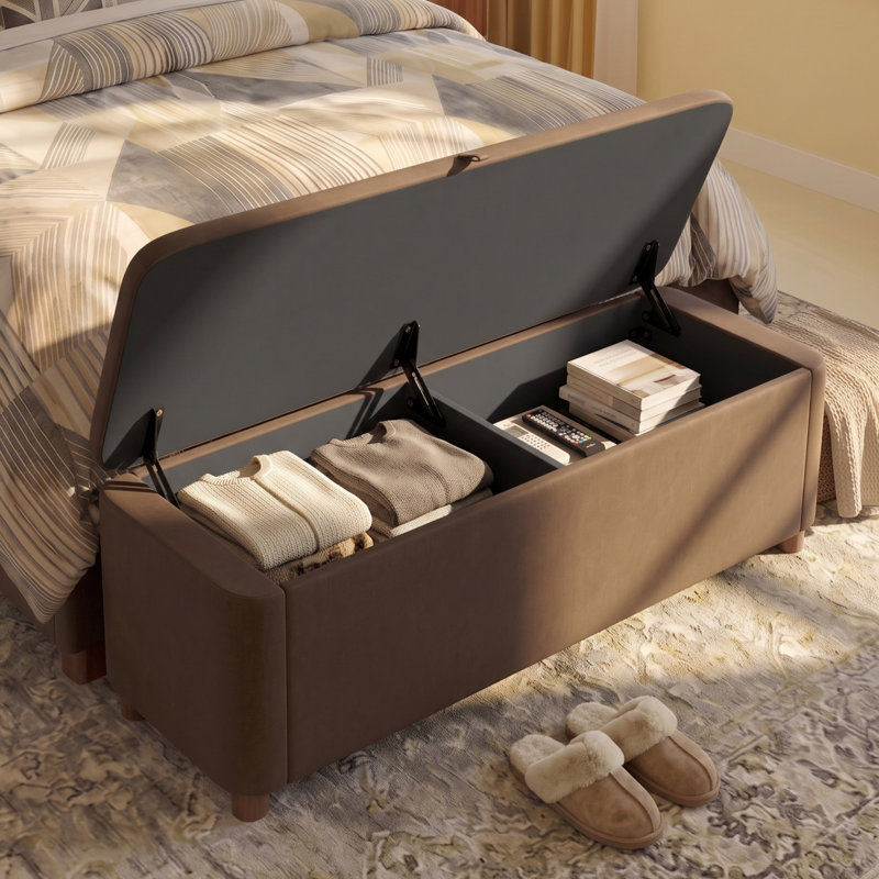 Banc ottoman de rangement Marwick 59 po en velours brun foncé avec double compartiment, Marron foncé