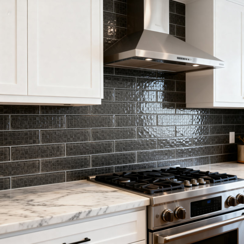 Metro Cubes 2 in. x 8 in. Textured Glass Straight Edge Subway Decorative Kitchen & Bathroom Wall Tile, Dark Gray