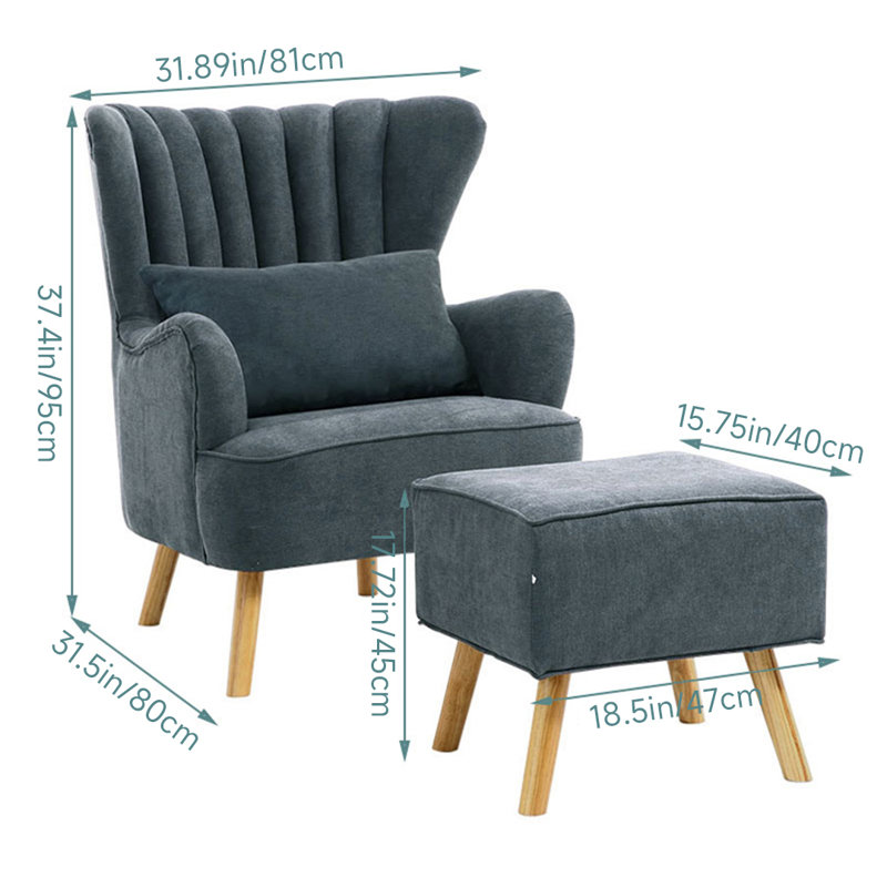 Kiro Upholstered Wingback Chair with Footstool, Dark Grey