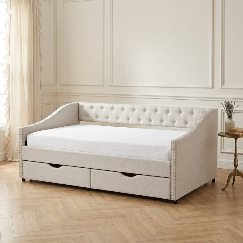 Contemporary Full Size Upholstered Daybed with Tufted Button Accents and Nailhead Trims, Beige