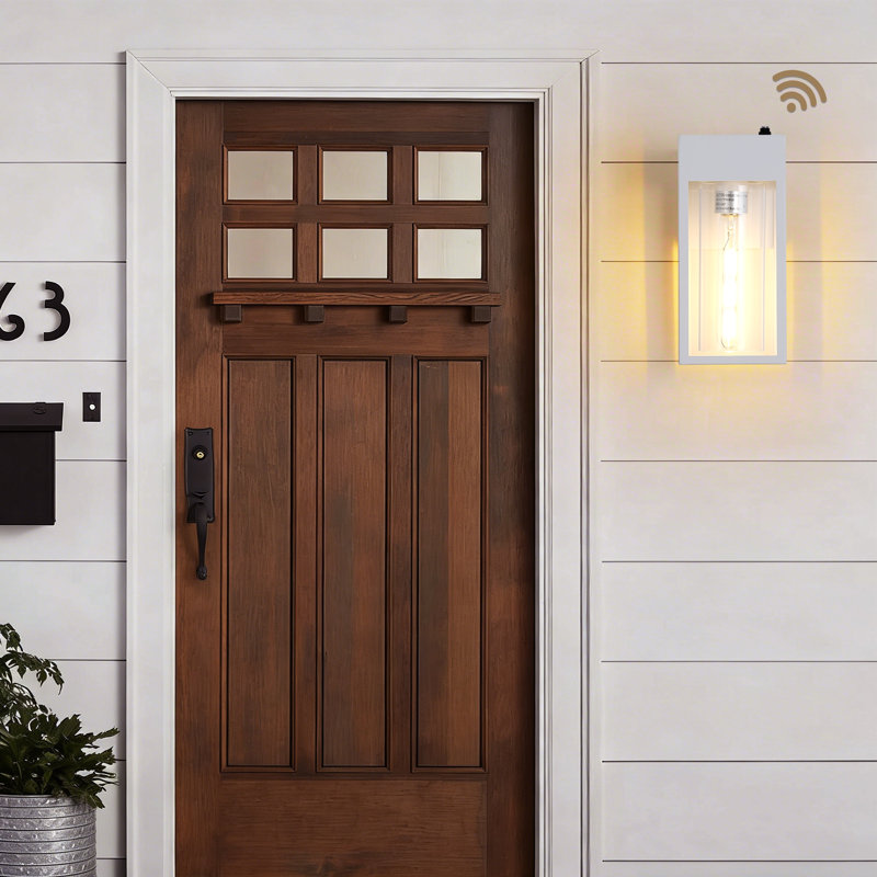 Dusk To Dawn 1 Light Classic Outdoor Wall Sconce With Cylinder Glass Shade And Rectangular Metal Frame, White Waterproof For Porch, Patio