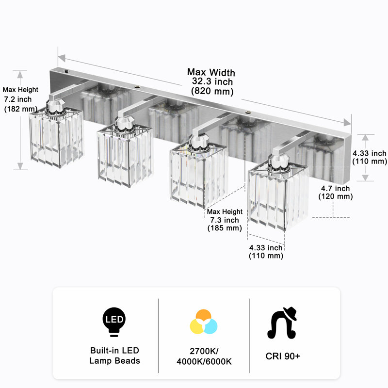 4-Light Dimmable Crystal Vanity Light With LED, Polished Chrome