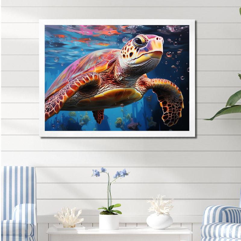 Tortue de mer pastel sur toile, Cadre simple blanc, H 34 po x l 44 po x P 1,5 po