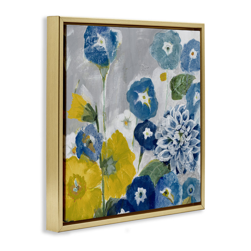 Coquelicots abstraits bleus et jaunes, Cadre flottant métallique doré, H 25 po x l 25 po