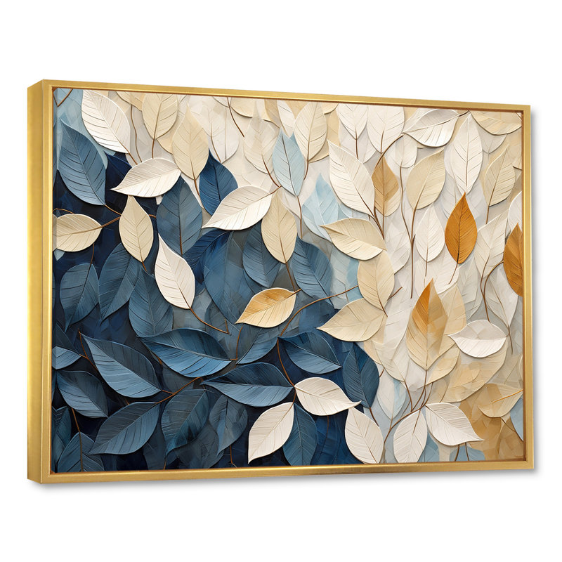 Collage de feuilles minimaliste beige et bleu - feuilles, décoration murale, H 34 po x l 44 po x P 1,5 po