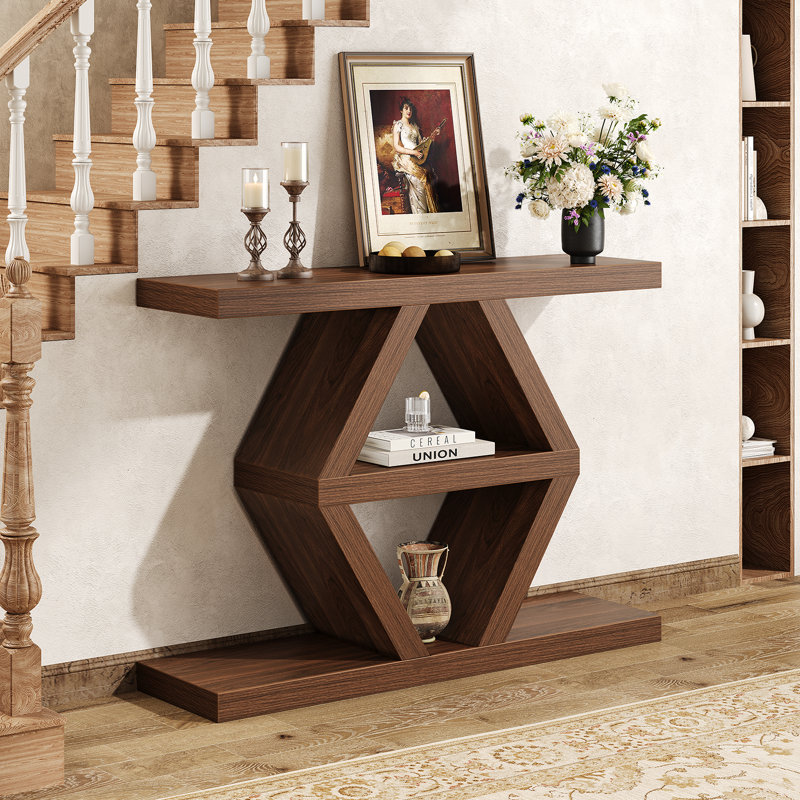 39.4" Farmhouse Console Table With 3-tier Storage Shelves, Narrow Entryway Table, Rustic Sofa Table Behind Couch For Hallway, Foyer, Living Room, Apartment Entry, Modern Wooden Entry Table, Walnut