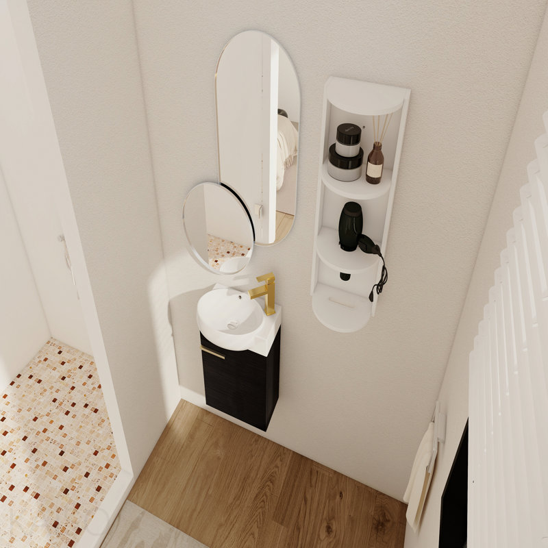 Meuble-lavabo à fermeture en douceur avec lavabo et support de rangement, 16 po pour petite salle de bain, Noir châtaignier