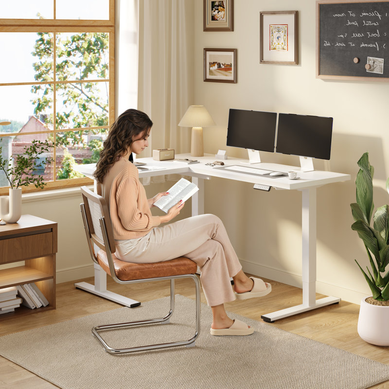 63'' L-Shaped Home Office Height Adjustable Standing Desk, White/White, 45.9" H x 63" W x 47.2" D