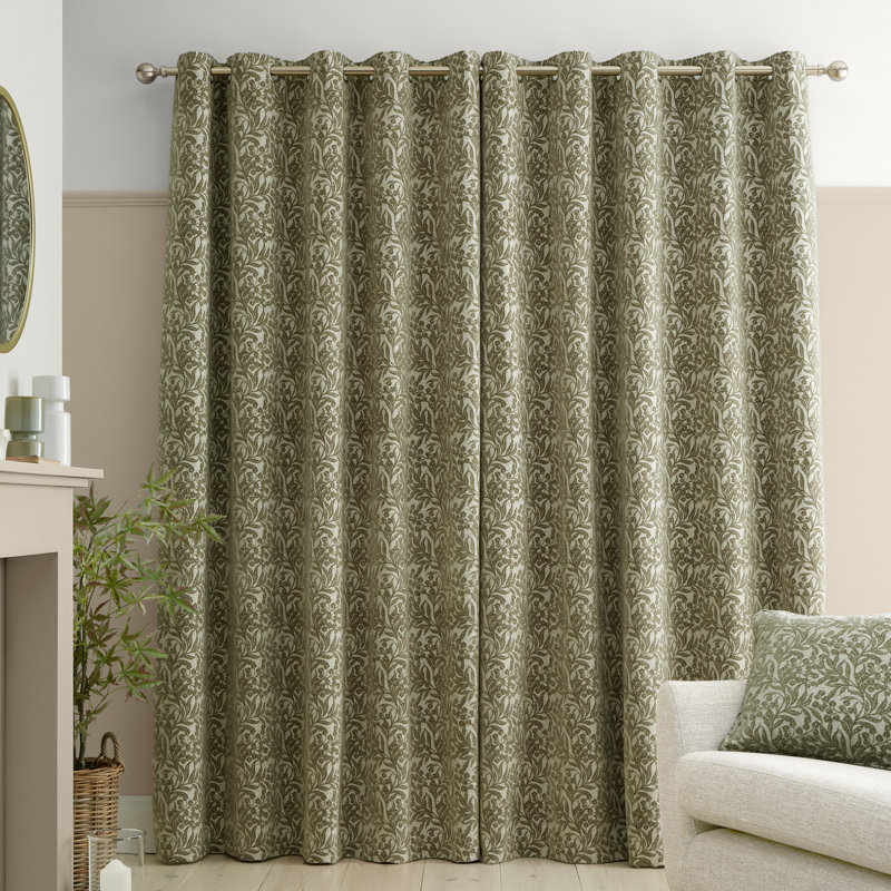 Chenille Leaves Lined Eyelet Curtains, Green, 46x54 Inch