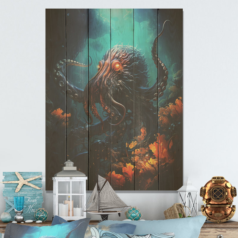Superheros Octopus Warrior - pieuvre / calmar, art sur bois de pin naturel, H 20 po x l 10 po