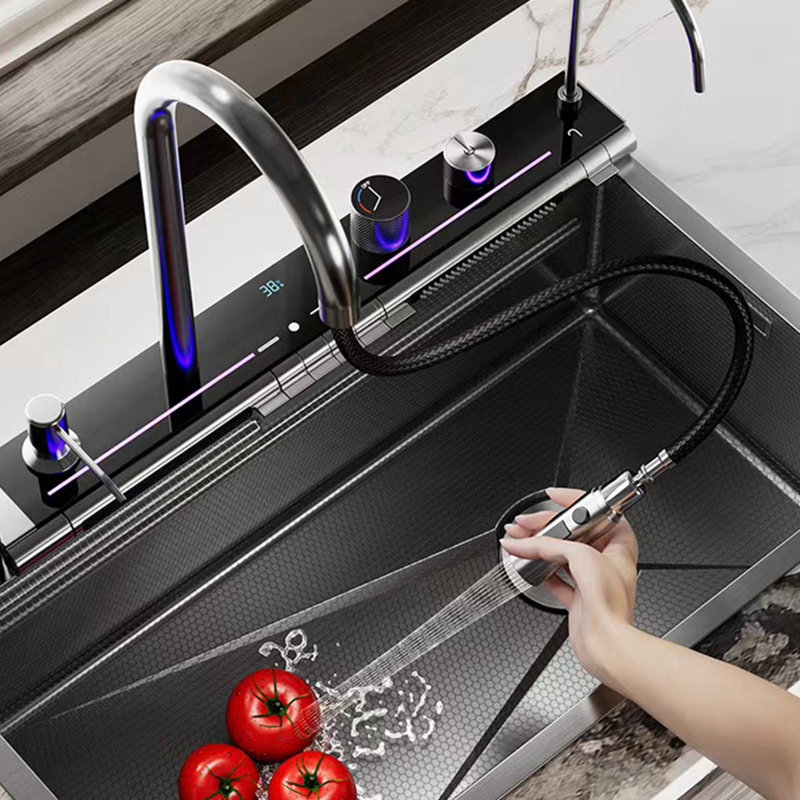 29.5 X 17.7 Inch Kitchen Sink Digital Display Embossed Large Single Groove Honeycomb Black Nano Raindance Waterfall Sink With Pressurized Cup Washer And Two Waterfalls