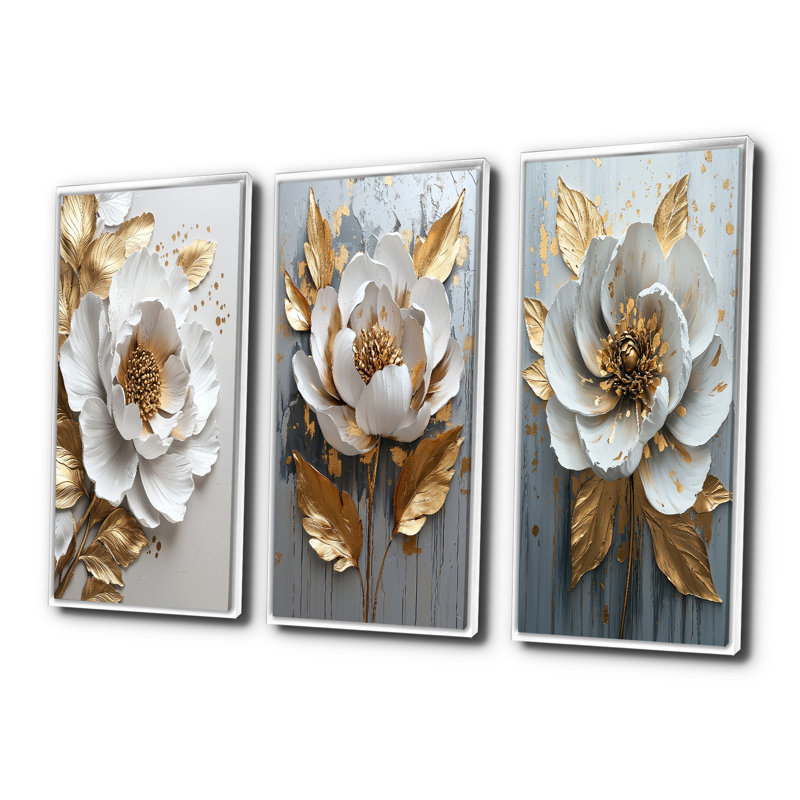 Marbre blanc pivoine I - Collection de 3 panneaux de pivoines, H 32 po x l 48 po, Impression encadrée flottante, Blanc