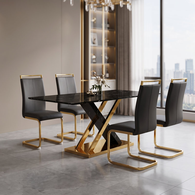 Modern 5-Piece 63" Rectangular Faux Marble Tempered Glass Dining Set with Faux Leather Cantilever Chairs, Black