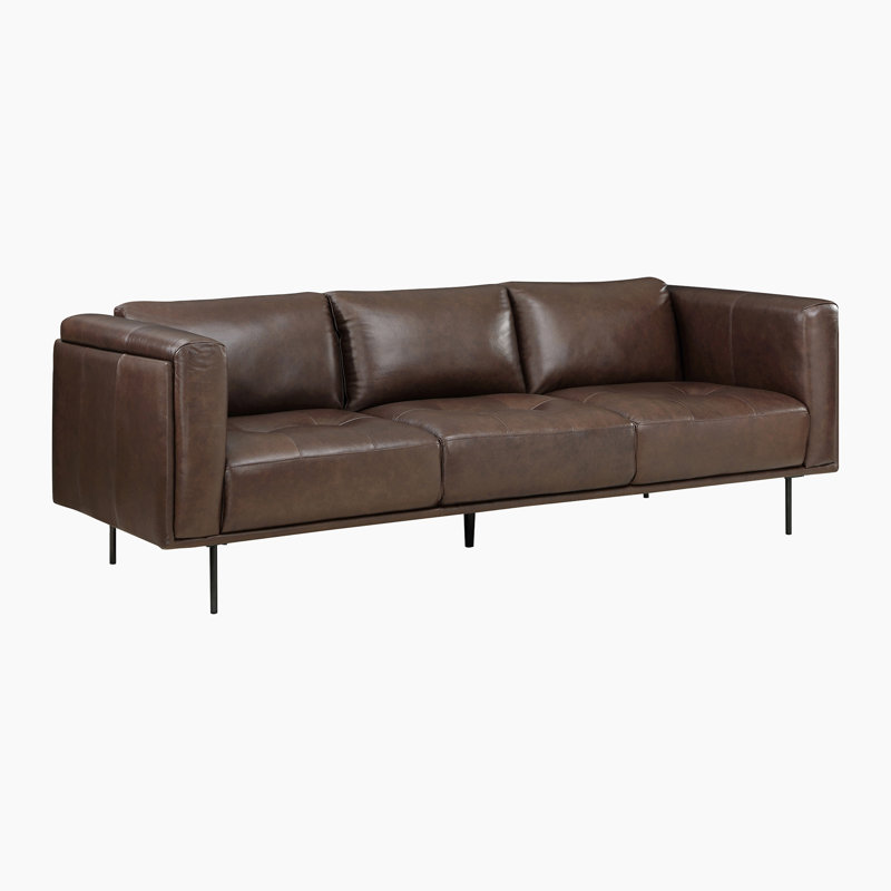 Wuendy 88" Modern & Contemporary Genuine Top Grain Leather Sofa with Modern Square Arm Silhouette, Refined Tufted Detail