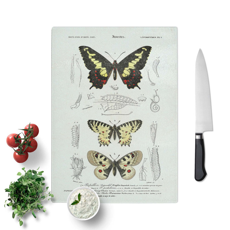 Tempered Glass Butterfly Illustrations Pl. 1 Chopping Board, 20 cm W x 28.5 cm L