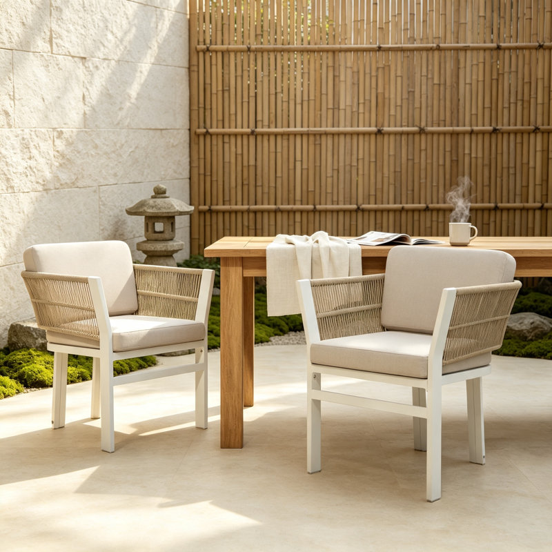 Ensemble de chaises d'extérieur toutes saisons, structure en aluminium blanc avec coussins beiges, capacité de 300 lb pour le patio et le jardin