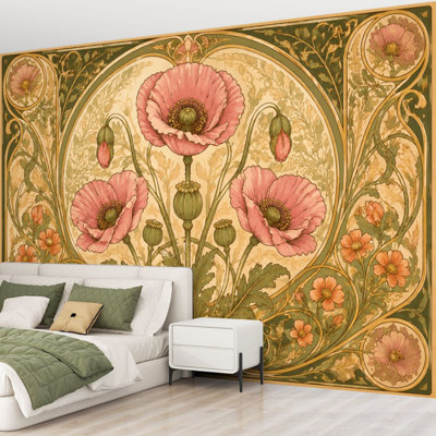 Wall Mural Peel and Stick Wallpaper Pink Art Nouveau Floral Ornamental Botanical Symmetry Vintage Beige Self-Adhesive Removable Contact Paper Wall Decor for Living Room Bedroom 69"H x 96"W
