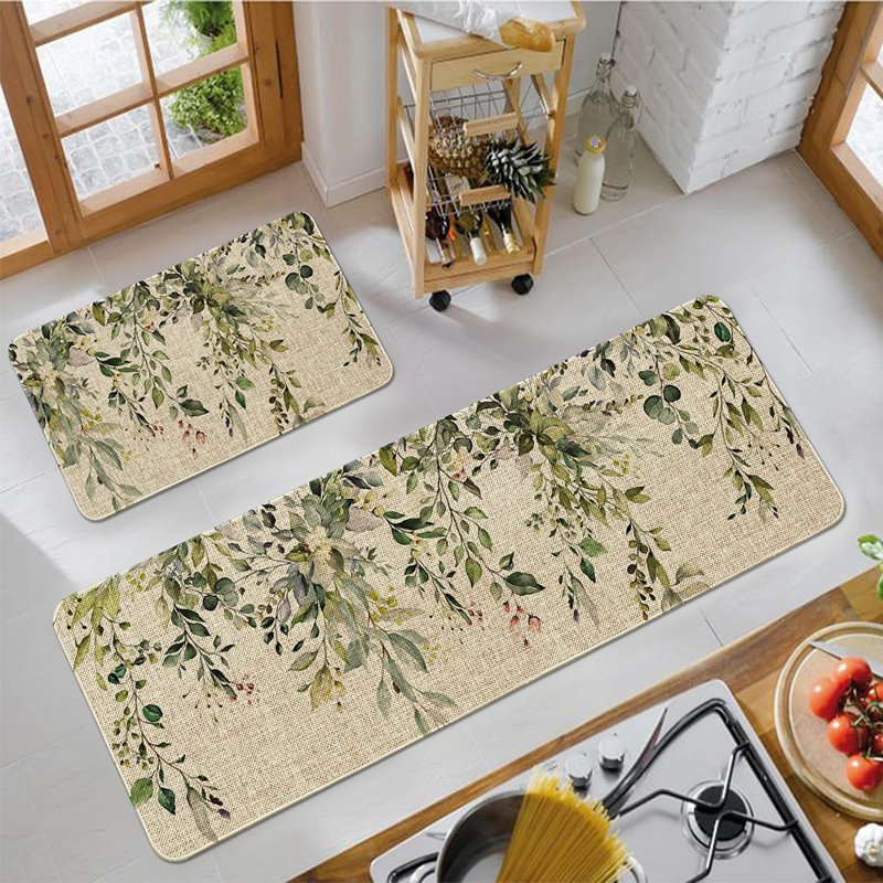 Eucalyptus Kitchen Rugs - Sage Green - Set Of 2 Non-Slip Washable Floor Mats, Botanical Leaves Spring Home Decor