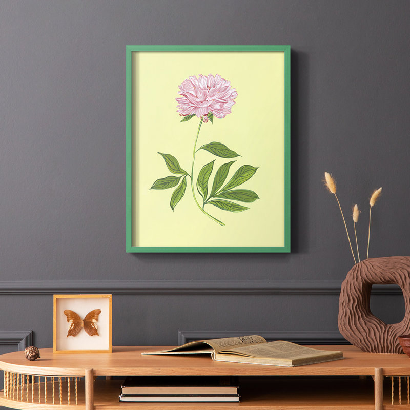 Pivoines en jaune I, reproduction encadrée - bois massif, Cadre simple vert, H 10 po x l 8 po