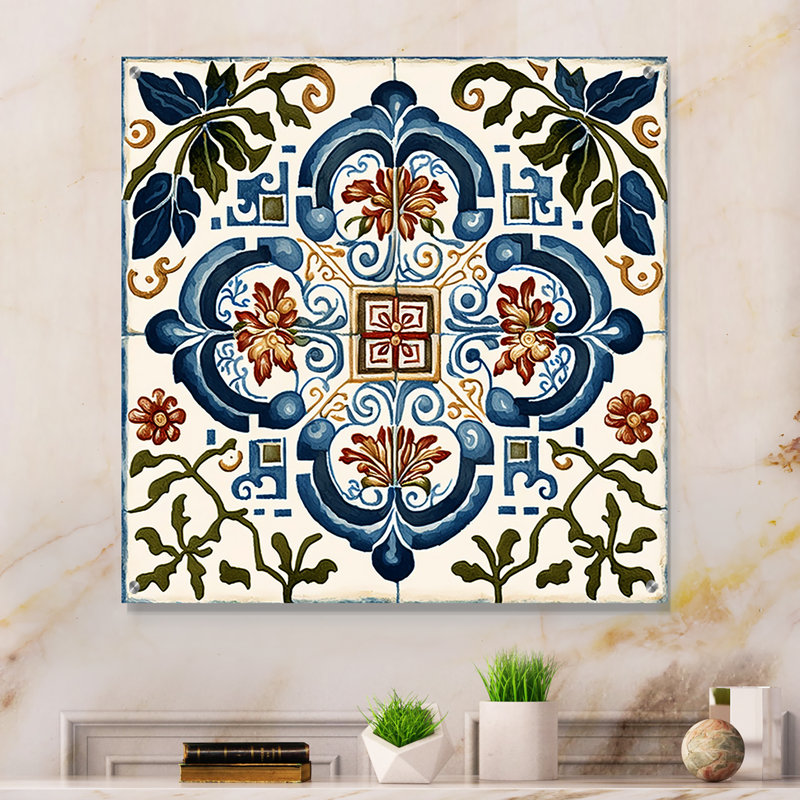 Carreaux de la Méditerranée en bleu rétro I - tuile abstraite, décoration murale acrylique, H 16 po x l 16 po