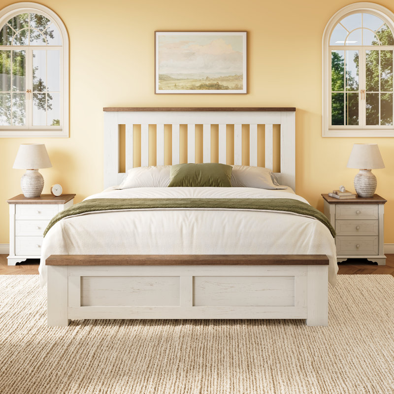 Farmhouse Wooden Panel Bed with Slatted Headboard , Kingsize(5'), White