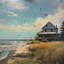 «Evening at the Beach», impression contemporaine encadrée verte-619590838-619590827
