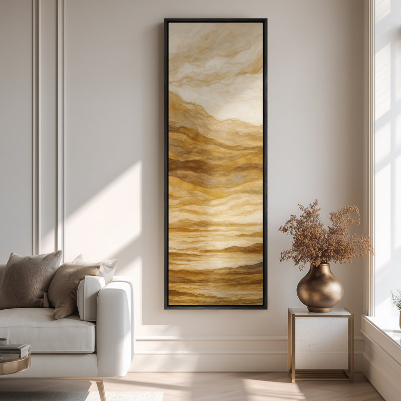 Grande toile murale encadrée - Reproduction de paysage abstrait de montagne en couches jaunes - 60 po x 20 po, Noir