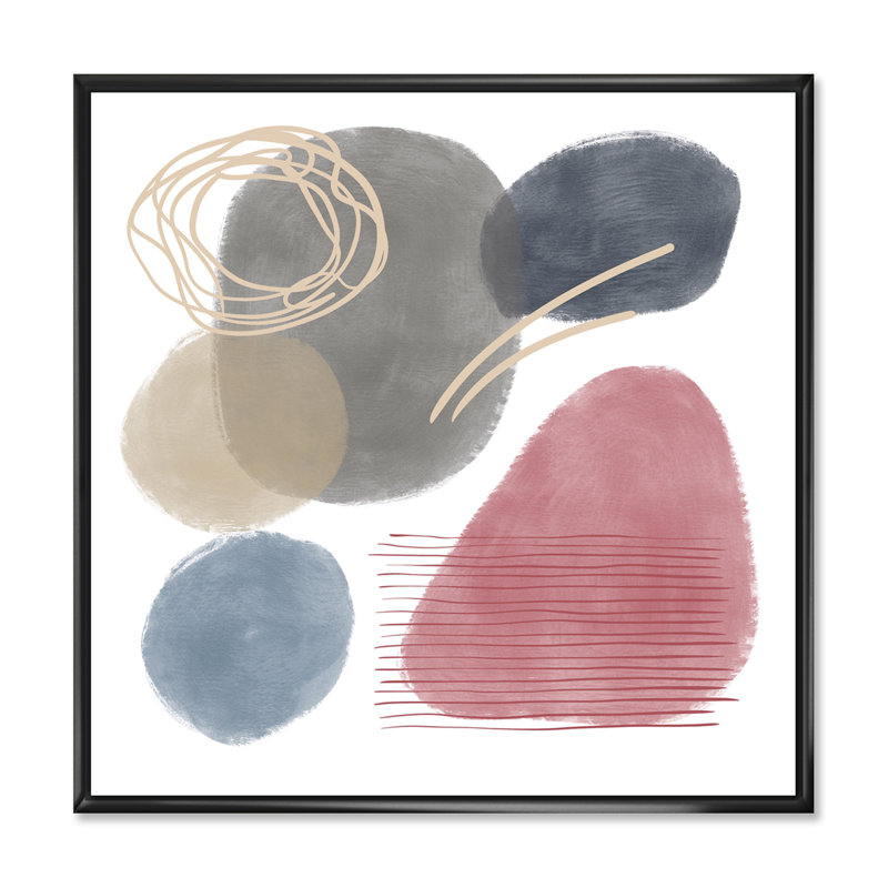 Éléments abstraits rouges, bleus et gris organiques - Peinture sur toile, H 16 po x l 16 po x P 1 po, Cadre flottant noir