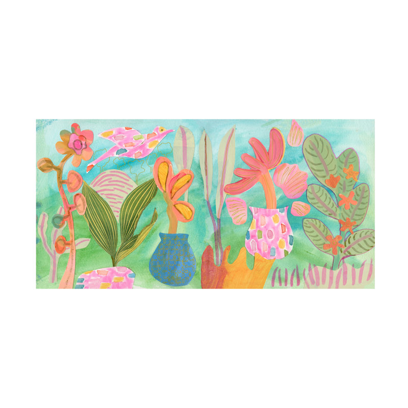Art mural sur toile tendue - «Pink Bird» par Suzanne Allard pour décoration de salon, de chambre à coucher ou de bureau - 24 x 47