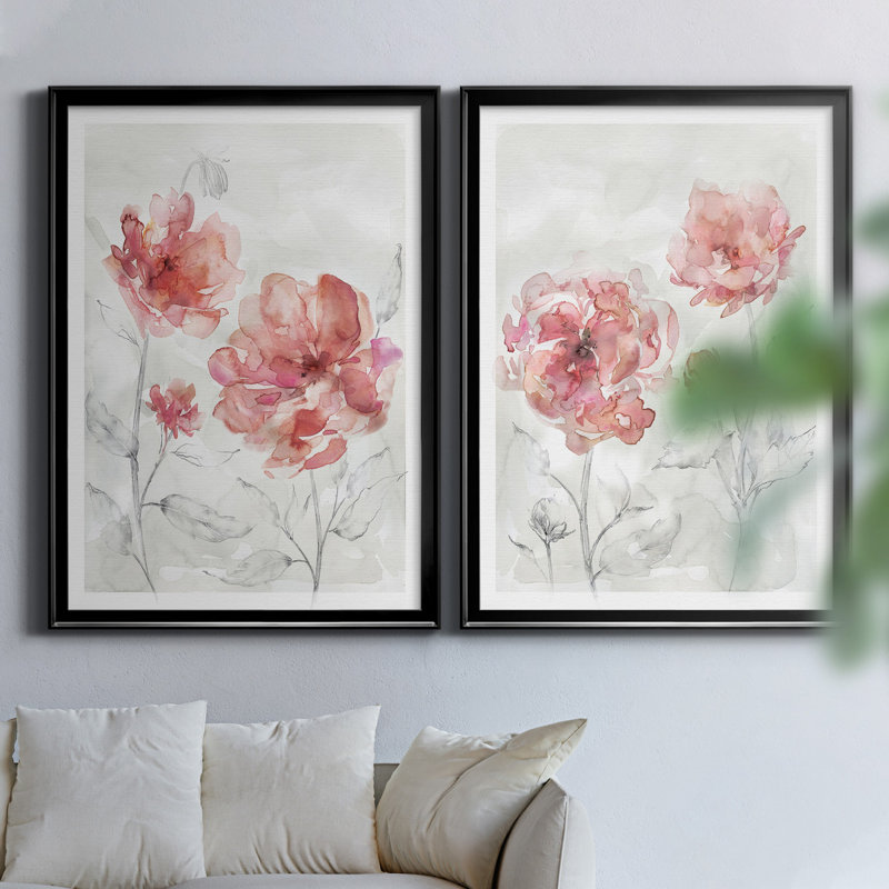 «Blush Botanical I», ensemble de 2 reproductions d'art, H 30,5 po x l 42,5 po x P 3 po, Toile avec cadre noir, Pas de tapis