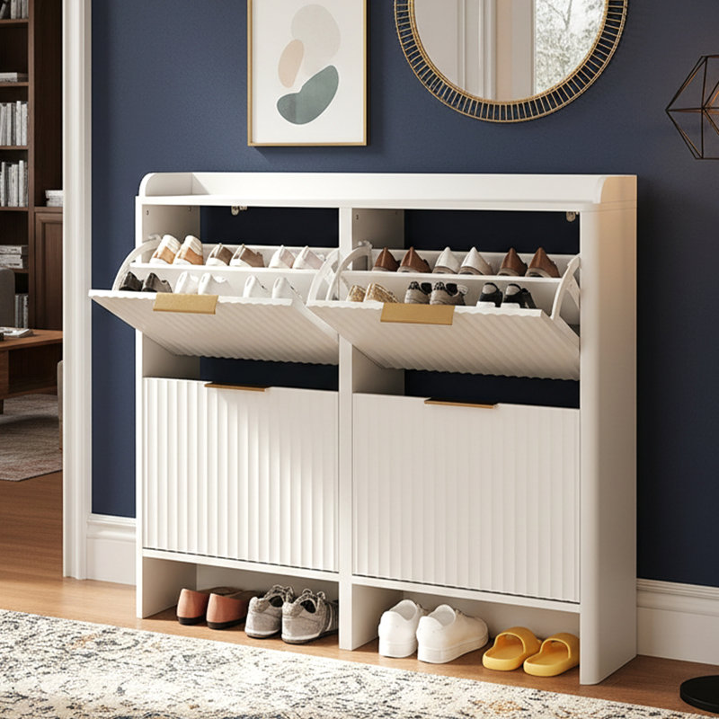 42.9 Inch Slatted Style 4 Flip Door Shoe Cabinet With Tabletop Baffle, Blanc