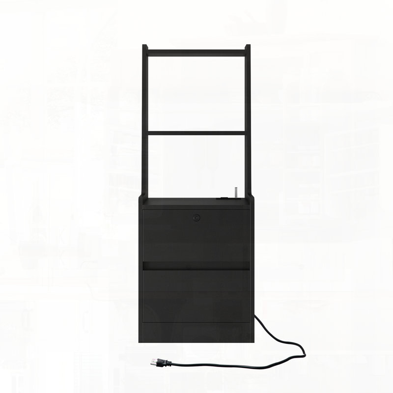 Table de chevet moderne avec station de charge, veilleuse et armoire de rangement, Noir