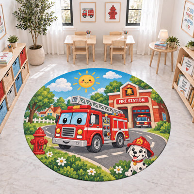 "Ultra Thin" 6' x 6' Fire Truck Fire Station Round Area Rug, Soft Low Pile Indoor Rug with Non-Slip Silicone Backing, Kids Room Playroom Nursery Decor