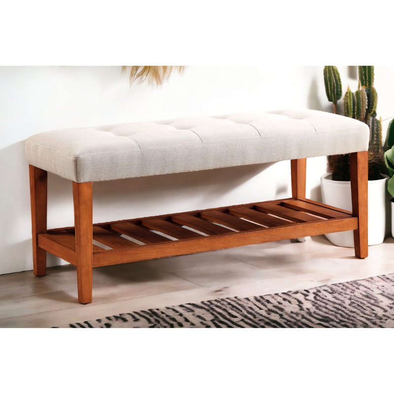 Gray Fabric Bench With Oak Finish - 40"X16"X18" Seat & Practical Shelf Storage Slatted 15.76 In. Depth Functional Elegant