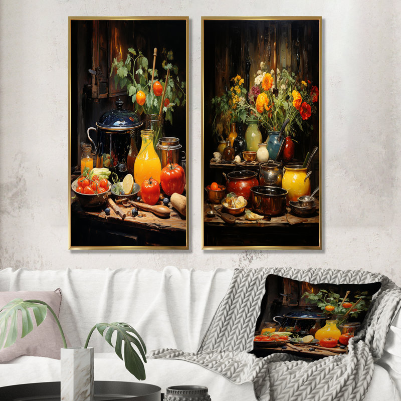 Culinaire symphonique - ensemble d'œuvres d'art mural de 2 ustensiles, Cadre flottant doré, H 28 po x l 25 po