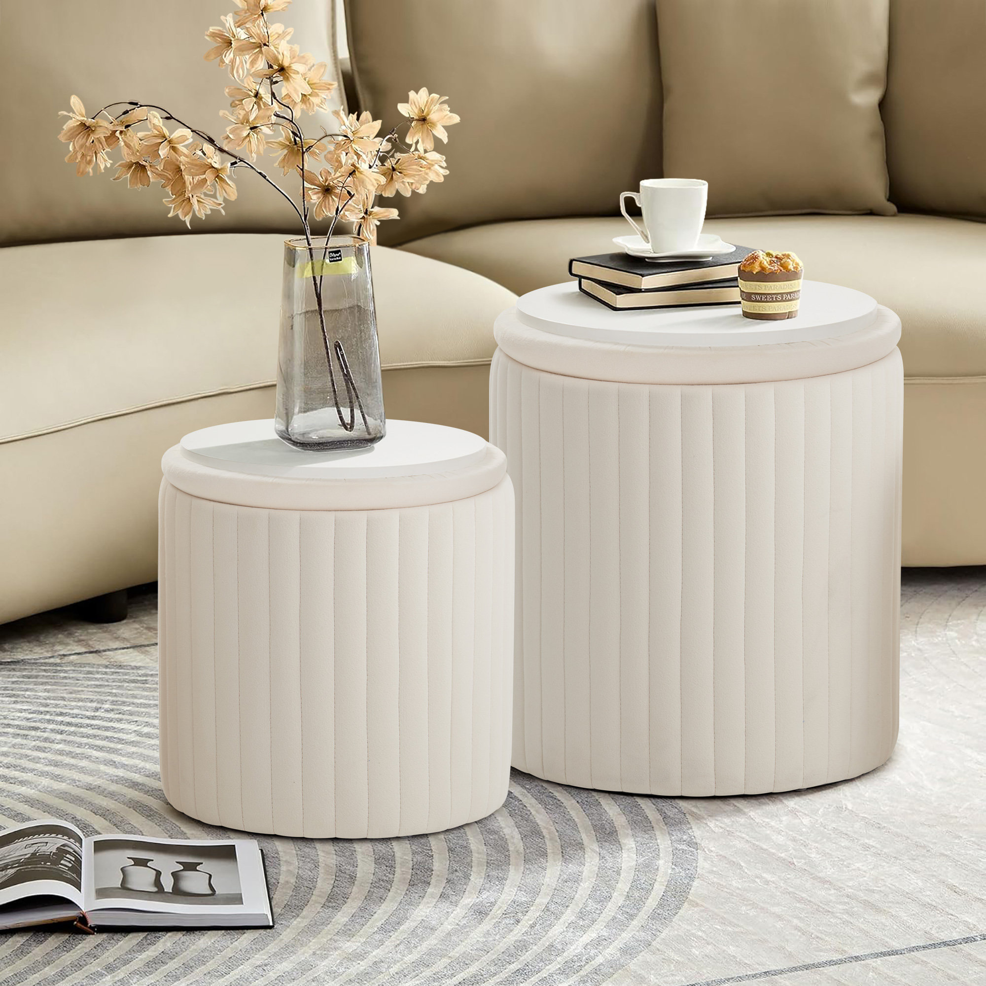 Ebern Designs Round Ottoman,set Of 2 Vanity Stool Chair,Upholstered Tall Ottomans Chair With ...