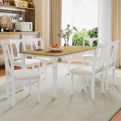7-Piece Dining Table Set, 60Inch To 78Inch Extendable Wood Dining Table With Removable Leaf, Kitchen Table Set With 6 Upholstered Side Chair, Dining T