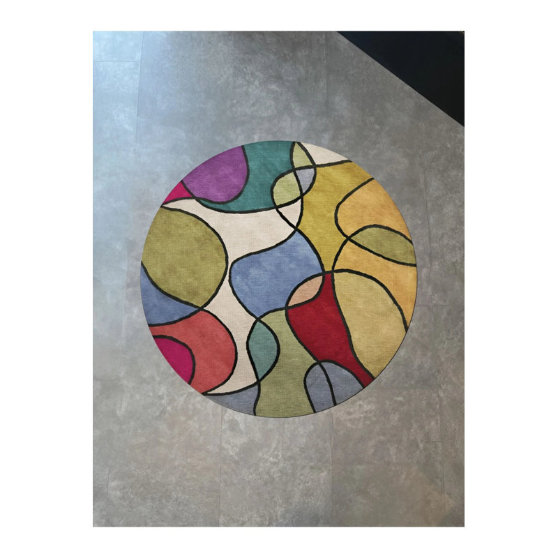 Light Tone Multicolored Mixed Shape Section Patterned Modern Woven Base Round Decorative Carpet, Round 2'8"