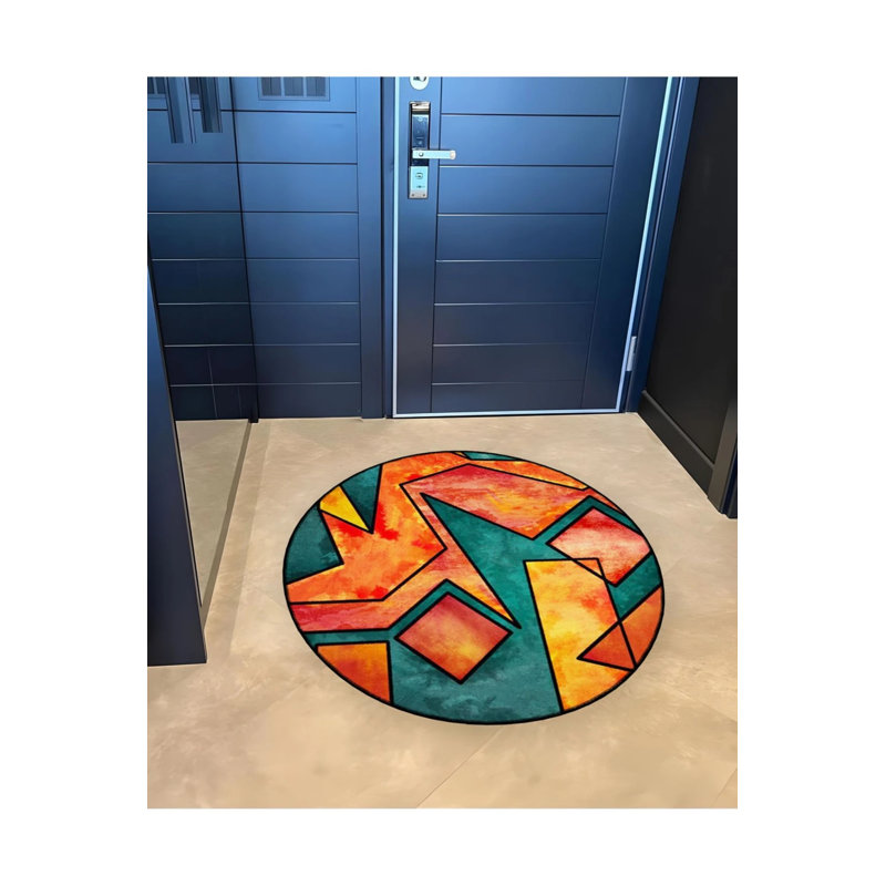 Green And Red Shapes Detailed Woven Base Modern Decorative Carpet, Round 4'