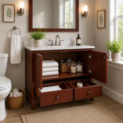 36" Solid Wood Freestanding Bathroom Vanity Cabinet - Cherry Finish, 2 Doors, 2 Drawers, Soft-Close Storage Bathroom Vanity Base (Sink & Countertop Not Included)