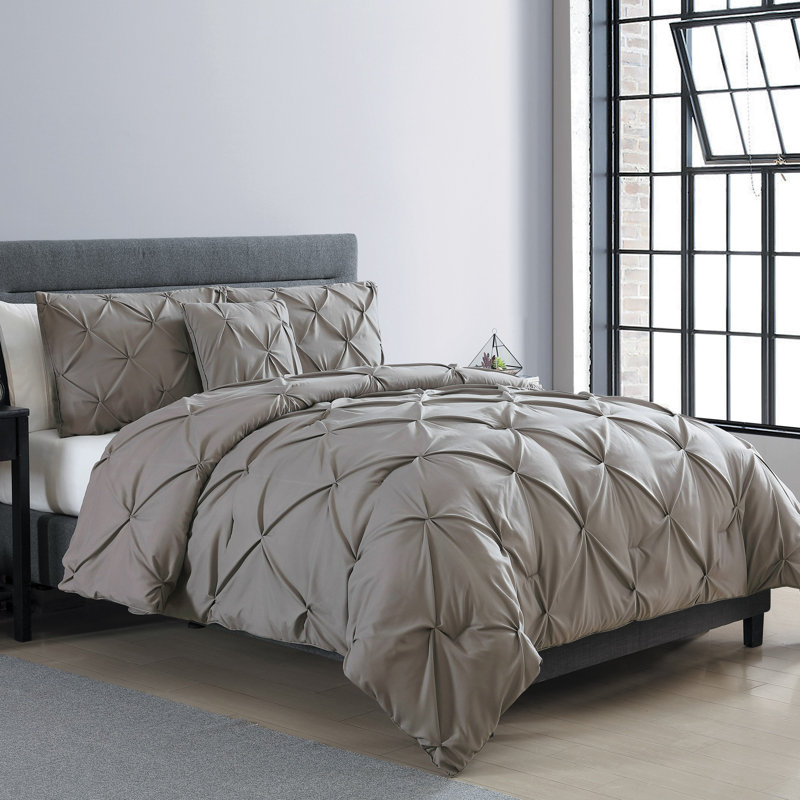 Carmen 3-Piece Pintuck Comforter Set, Gray, King Comforter + 2 Shams + 1 Throw Pillow
