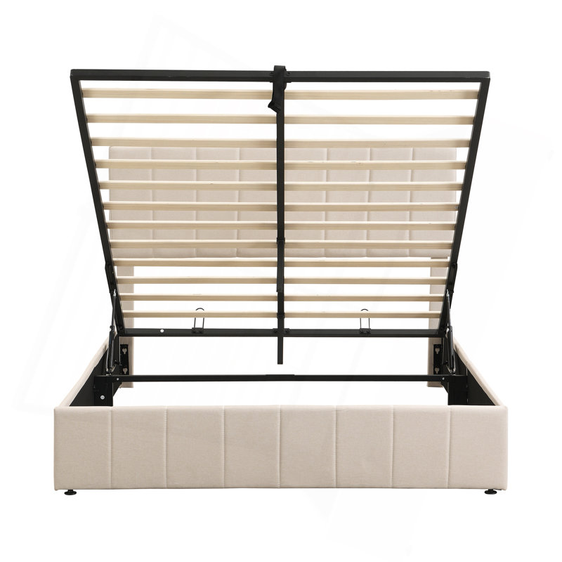Lit plateforme tapissier avec système de rangement hydraulique, Beige, Grand lit