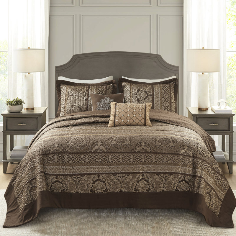 King Size Brown/gold Reversible Bedspread - 5 Piece, For Durability, Leaf & Striping Motifs, 2 Shams, Decorative Pillows, Machine Washable Reversible, Leaf, And Throw