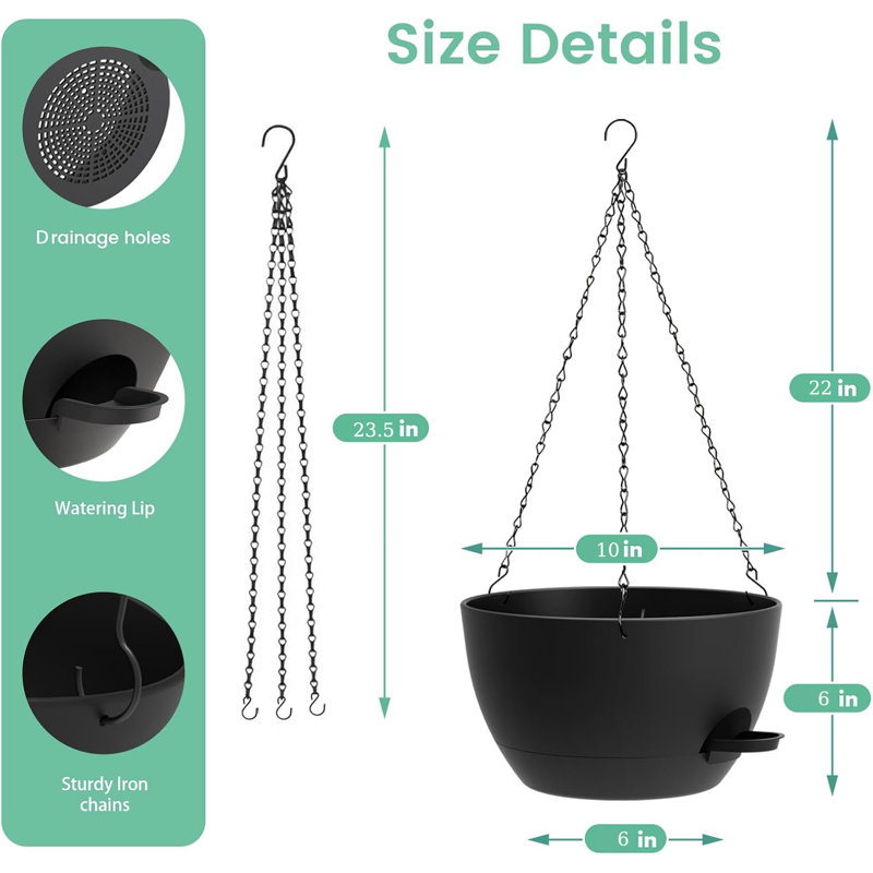 Large Self Watering Hanging Planters Set of 2 - Black Plastic Hanging Baskets with Removable Reservoir for Indoor Outdoor, Window, Balcony & Garden