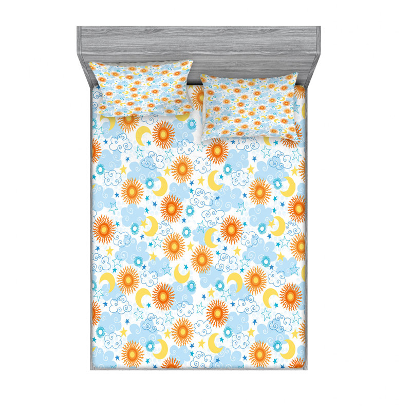 Microfiber Floral Sheet Set, Queen Sheet Set with Fitted Sheet, Graphic Tile With Clouds Floral