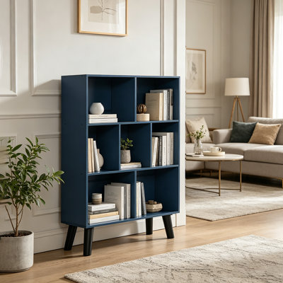 3 Tier Modern Bookcase With Legs, Wood Freestanding Organizer Display Shelf, 7 Cube Bookshelf