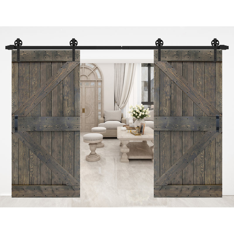 Porte de grange coulissante à panneaux en bois massif K avec ensemble de quincaillerie (ensemble de 2), Gris vieilli