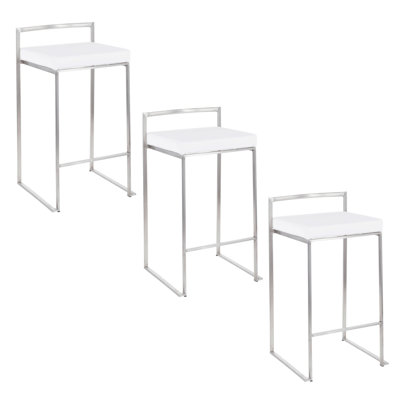 Tabouret de comptoir empilable 26 po contemporain en acier inoxydable avec coussin en velours blanc - ensemble de 3